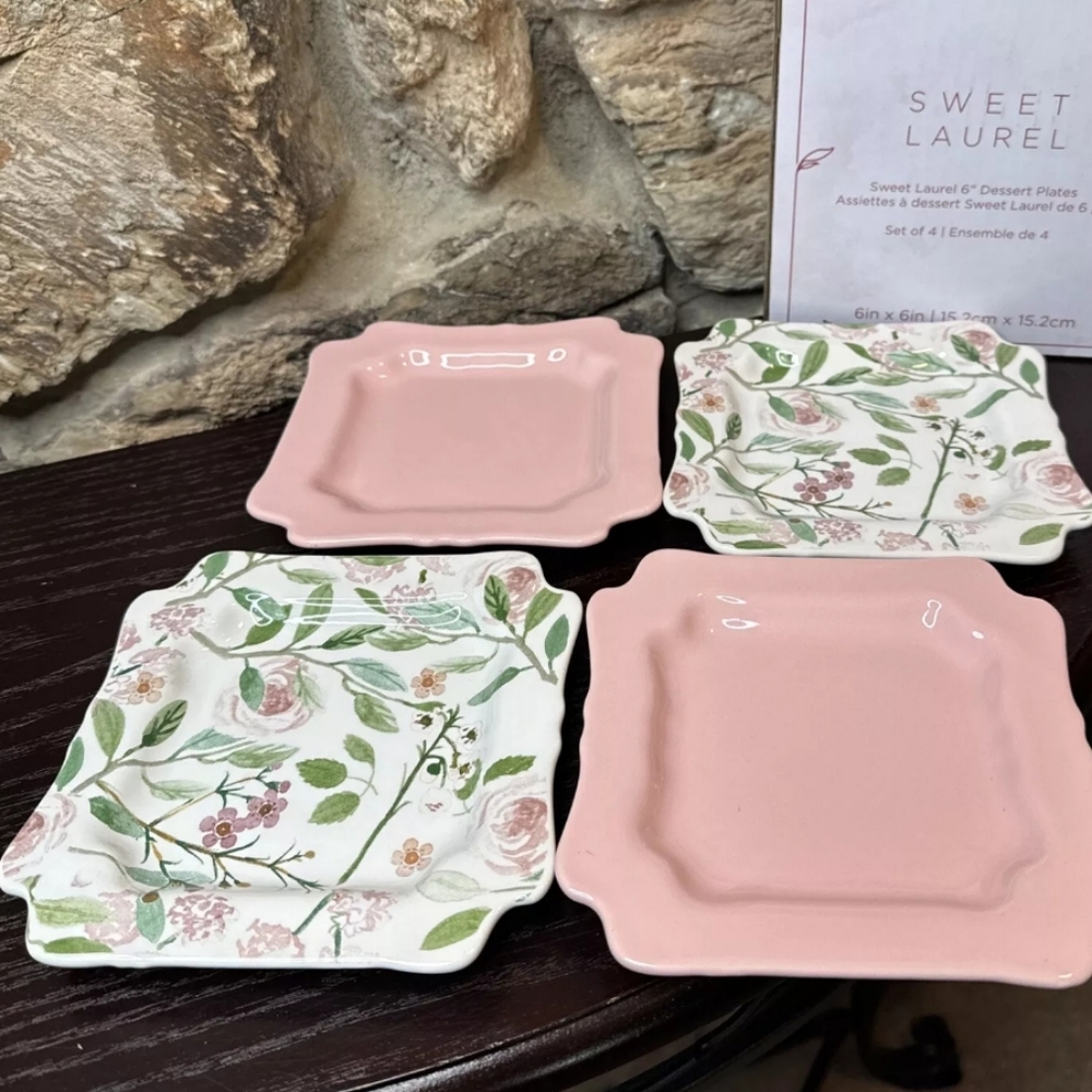 NIB Sweet Laurel Pink and floral 4 dessert plates